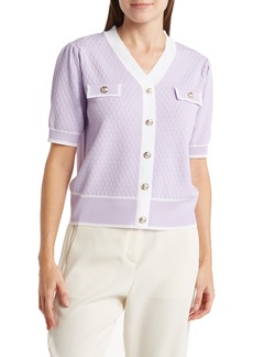Nanette Lepore Pointelle Colorblock Short Sleeve Sweater in Lilac/White at Nordstrom Rack