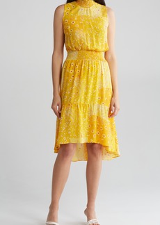 Nanette Lepore Smocked Pleated Crêpe de Chine Dress in Yellow Print at Nordstrom Rack