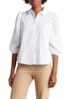 Nanette Lepore Three-Quarter Puff Sleeve Poplin Shirt in Brilliant White at Nordstrom