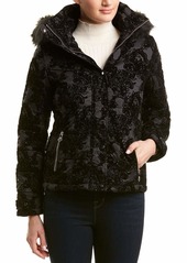 Nanette Lepore Women's Hooded Velvet Parka patterned black XL
