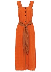 Nanushka Woman Vegan Leather-trimmed Cotton-blend Cloqué Midi Dress Orange