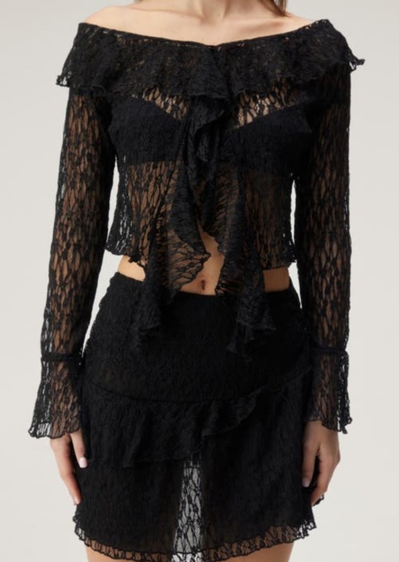 NASTY GAL Sheer Lace Ruffle Off the Shoulder Crop Top
