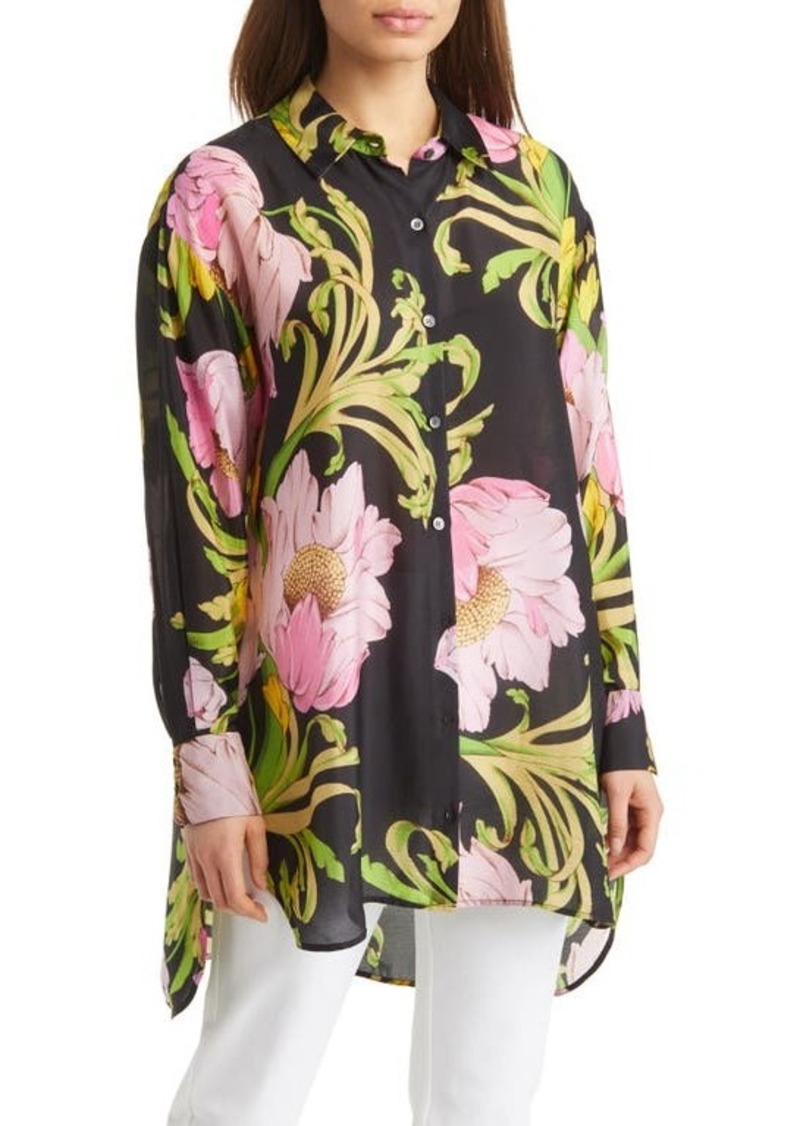 Natori Floral Silk Button-Up Blouse