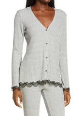 Natori Luxe Ulla Lace Trim Ribbed Cardigan in Heather Grey at Nordstrom