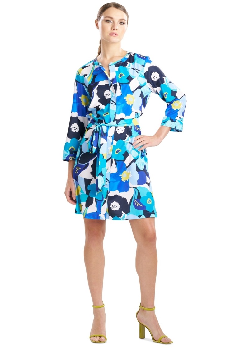 Natori Women's Floral-Print Belted 3/4-Sleeve Dress - Shibori Blue