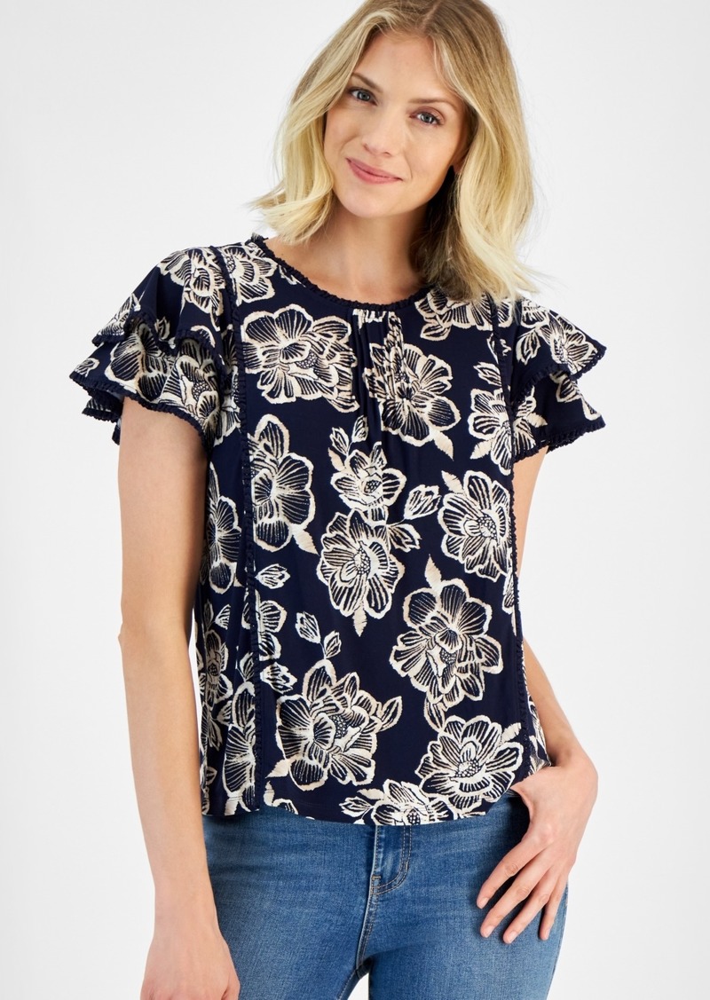 Nautica Jeans Women's Batik Rose Flutter-Sleeve Top - Night Sky Multi