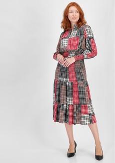 Nautica Jeans Women's Plaid Smocked Long-Sleeve Midi Dress - Black Multi