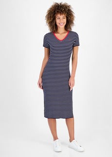 Nautica Jeans Women's Striped Rib-Knit Midi T-Shirt Dress - Night Sky