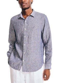 Nautica Men's Classic-Fit Long-Sleeve Button-Up Solid Linen Shirt - Navy Seas