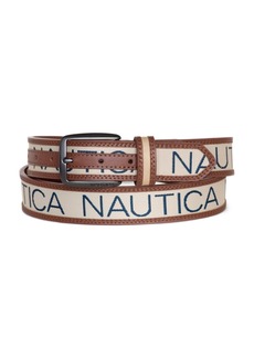 Nautica Men's Logo Ribbon with Leather Trim Belt - Beige