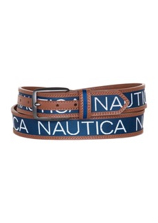Nautica Men's Logo Ribbon with Leather Trim Belt - Navy