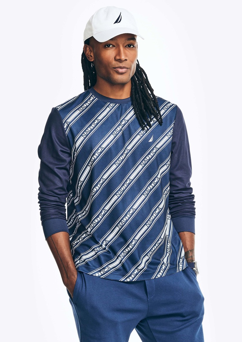 Nautica Mens Sustainably Crafted Navtech Logo-Stripe Long-Sleeve T-Shirt