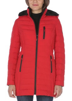 Nautica Women's 3/4 Midweight Stretch Puffer Jacket with Hood Red