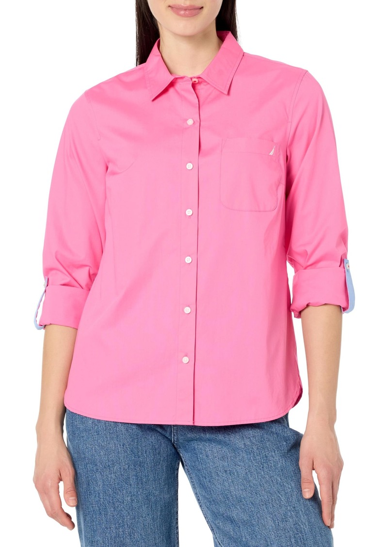 Nautica Women's Button Front Long Sleeve Roll Tab Shirt