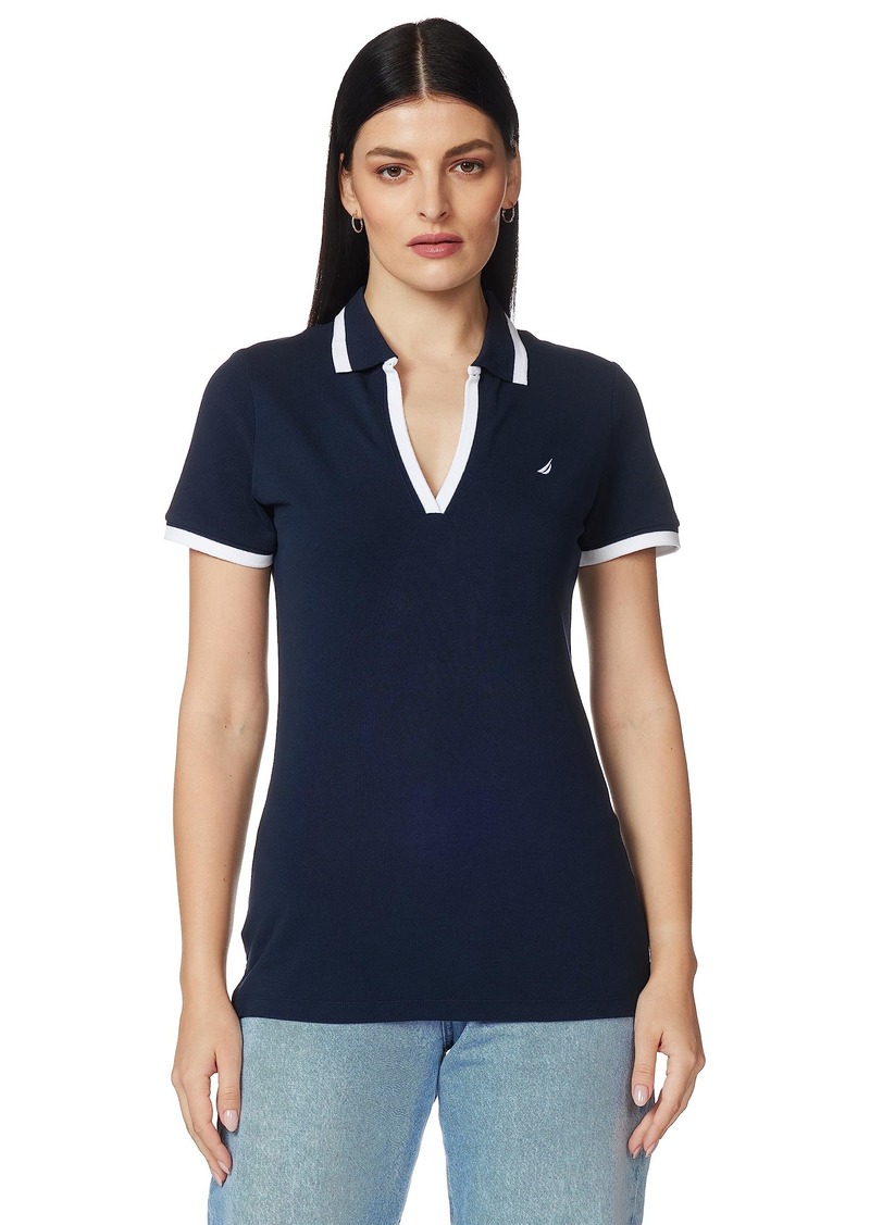 Nautica Women's Classic Fit Striped V-Neck Collar Stretch Cotton Polo Shirt