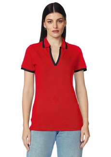 Nautica Women's Classic Fit Striped V-Neck Collar Stretch Cotton Polo Shirt Red