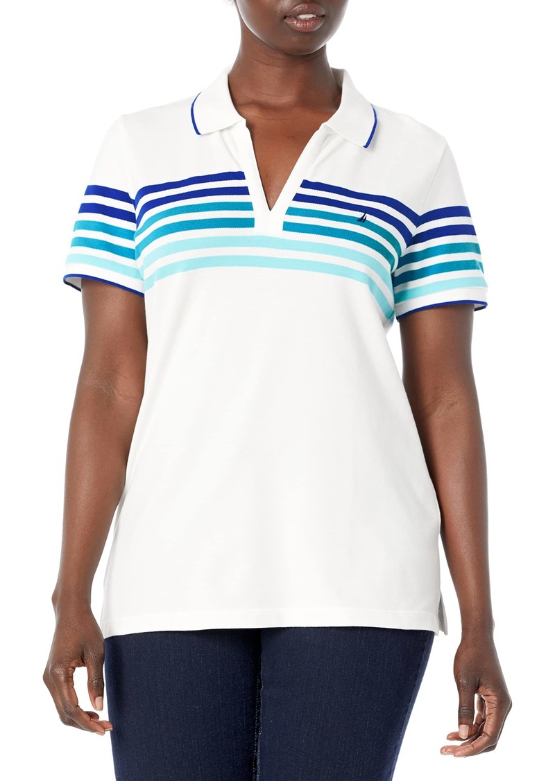 Nautica Women's Classic Fit Striped V-Neck Collar Stretch Cotton Polo Shirt