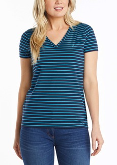 Nautica Women's Easy Comfort V-Neck Striped Supersoft Stretch Cotton T-Shirt Bright Blue jig