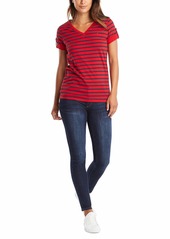 Nautica Women Easy Comfort V-Neck Striped Supersoft Stretch Cotton T-Shirt Red
