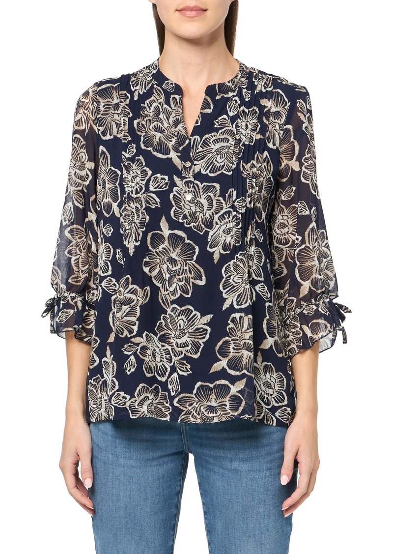 Nautica Women's Mixed Media Floral Print Pintuck Blouse