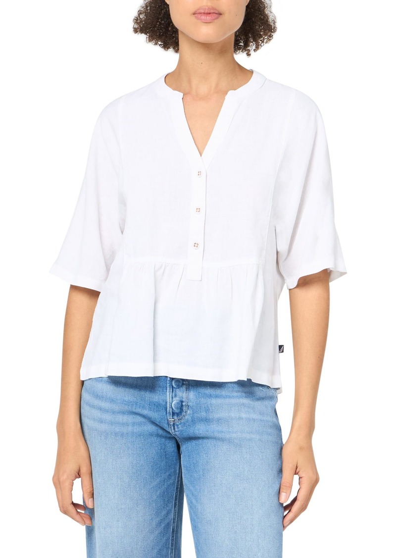 Nautica Women's Popover Short Sleeve Linen Blend Shirt