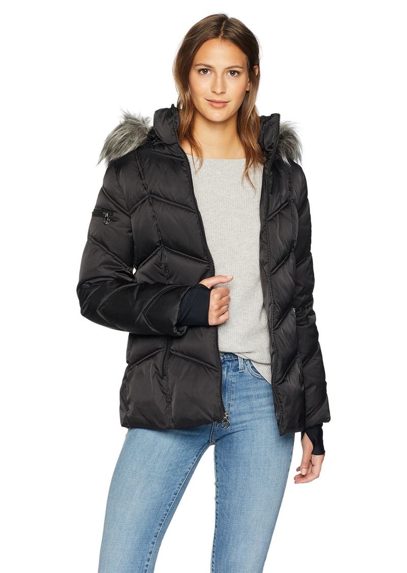 nautica women's short puffer coat with faux fur trim hood