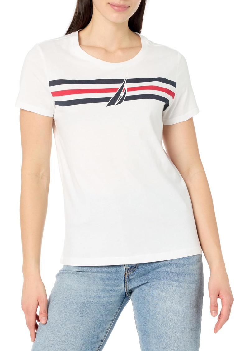 Nautica Women's Short Sleeve Crewneck Stripe Logo T-Shirt