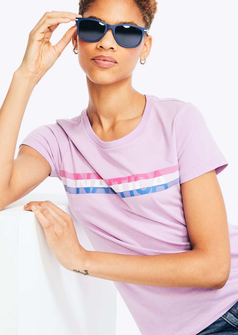 Nautica Womens Sustainably Crafted Chest-Stripe Logo Graphic T-Shirt