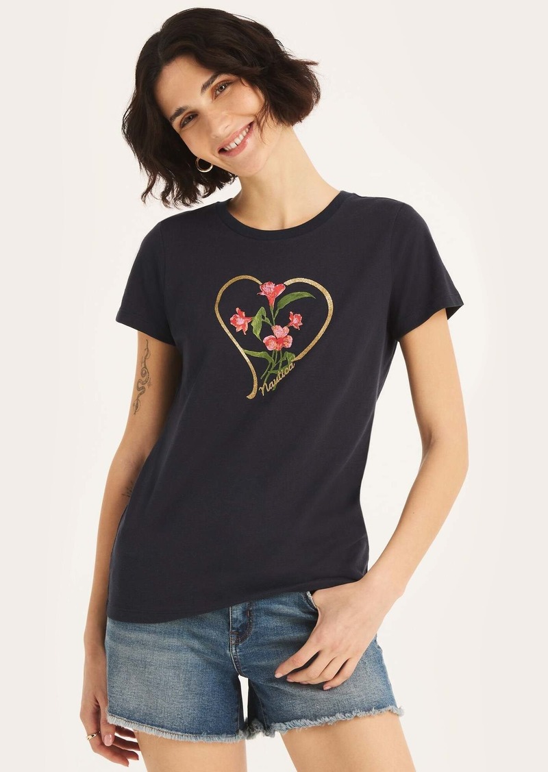 Nautica Womens Sustainably Crafted Glitter Hearted Flowers Graphic T-Shirt