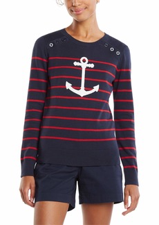 Nautica Women's Voyage Long Sleeve 100% Cotton Striped Crewneck Sweater