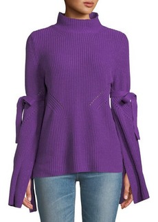 Neiman Marcus Bell-Sleeve Mock-Neck Knit Sweater