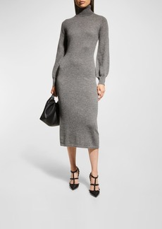 Neiman Marcus Blouson-Sleeve Turtleneck Cashmere Midi Dress