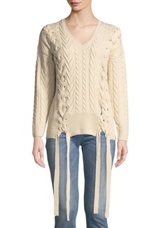 Neiman Marcus Cable Knit Lace-Up V-Neck Sweater