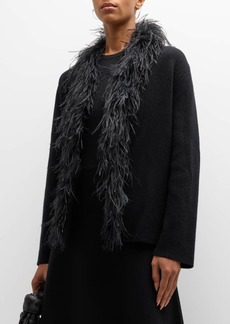 Neiman Marcus Cashmere Double-Knit Top Coat with Feather Trim
