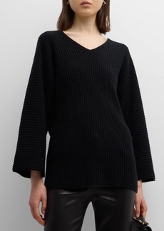 Neiman Marcus Cashmere Ribbed V-Neck Sweater with Whipstitch Detail