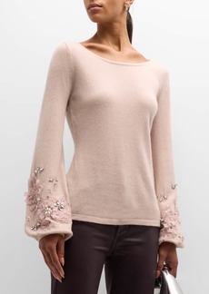 Neiman Marcus Cashmere Sweater with Embellished Bell Sleeves