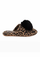 Neiman Marcus Leopard-Print Cashmere Fox Fur-Trim Slippers