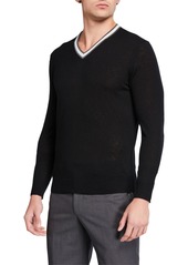 Neiman Marcus Men's Cashmere Contrast-Stripe V-Neck Sweater