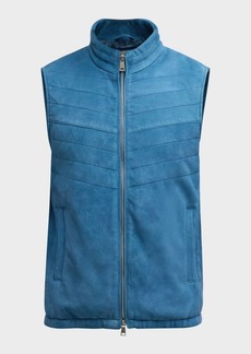 Neiman Marcus Men's Suede Half-Quilted Full-Zip Vest