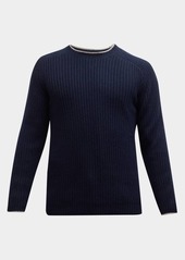 Neiman Marcus Men's Wool-Cashmere Ribbed Crewneck Sweater with Tipping
