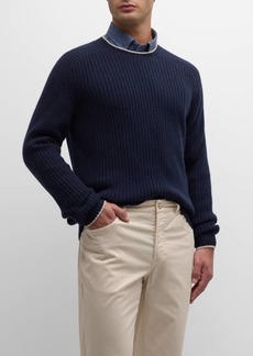 Neiman Marcus Men's Wool-Cashmere Ribbed Crewneck Sweater with Tipping