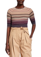 Neiman Marcus Metallic Stripe Elbow-Sleeve Cashmere Sweater