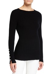 Neiman Marcus Pearl Cuff Ribbed Peplum Cashmere Sweater