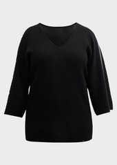 Neiman Marcus Plus Size Cashmere Ribbed Sweater with Whipstitch Detail