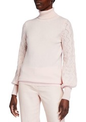 Neiman Marcus Pointelle Sleeve Cashmere Turtleneck Sweater
