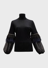 Neiman Marcus Superfine Cashmere Sweater with Chiffon Feather Sleeves