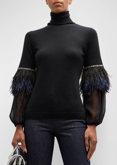 Neiman Marcus Superfine Cashmere Sweater with Chiffon Feather Sleeves