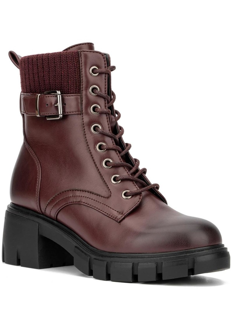 New York & Company Christine Womens Faux Leather Lug Sole Combat & Lace-Up Boots