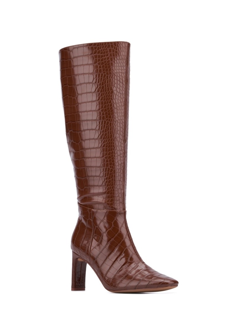 New York & Company Women's Isabelle Croc Embossed Knee-High Boots Dress Boots - Brown croco