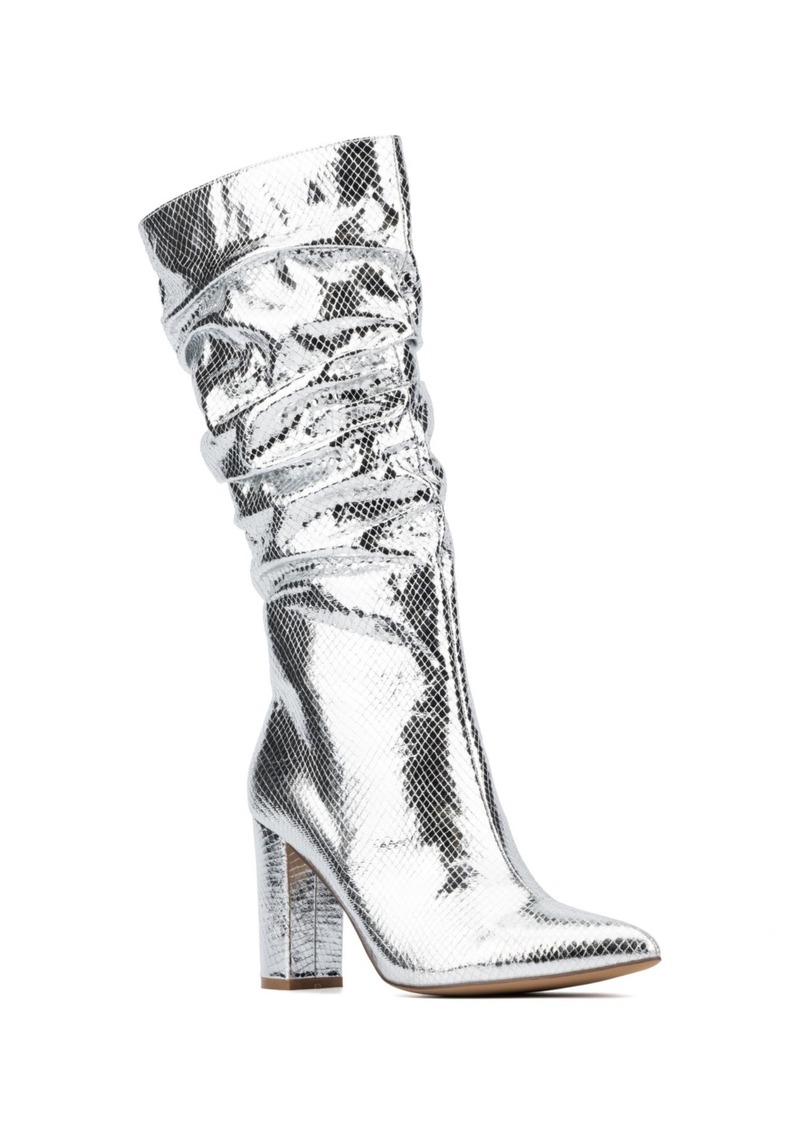 New York & Company Women's Earla- Metallic Ruched Knee-High Boots Tall Boots - Silver metallic